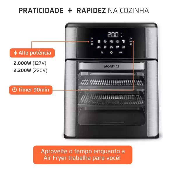 Fritadeira Air Fryer Forno Oven 12L, Mondial, 2200W - AFON-12L-BI